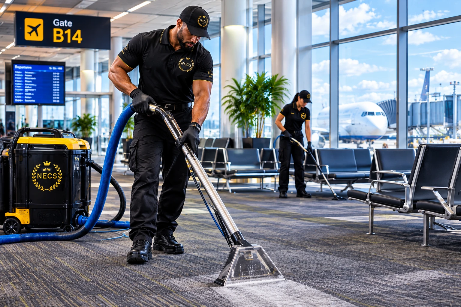 NECS crew extracting and cleaning carpet in an airport terminal