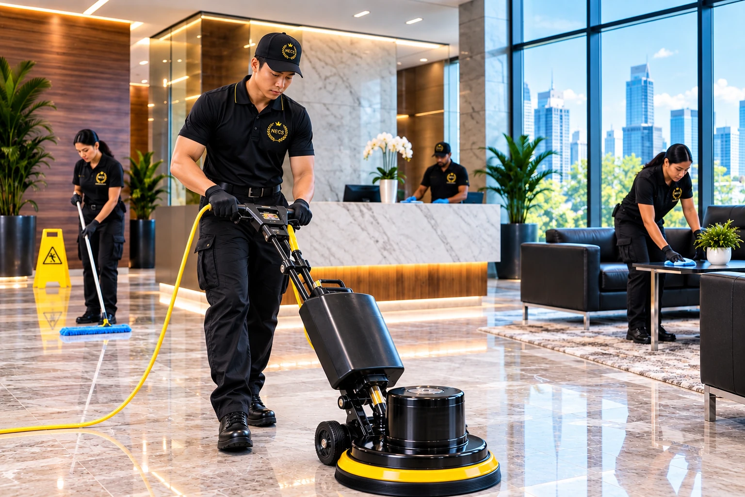 NECS crew polishing floors and cleaning surfaces in a commercial lobby