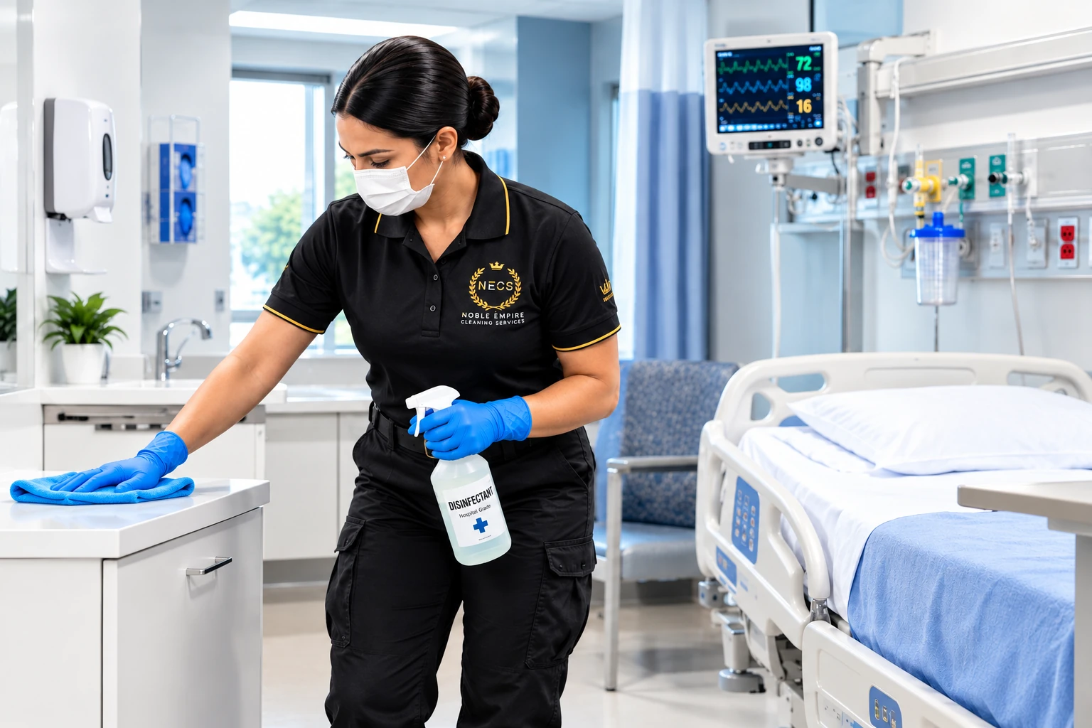 NECS cleaner disinfecting surfaces in a medical patient room