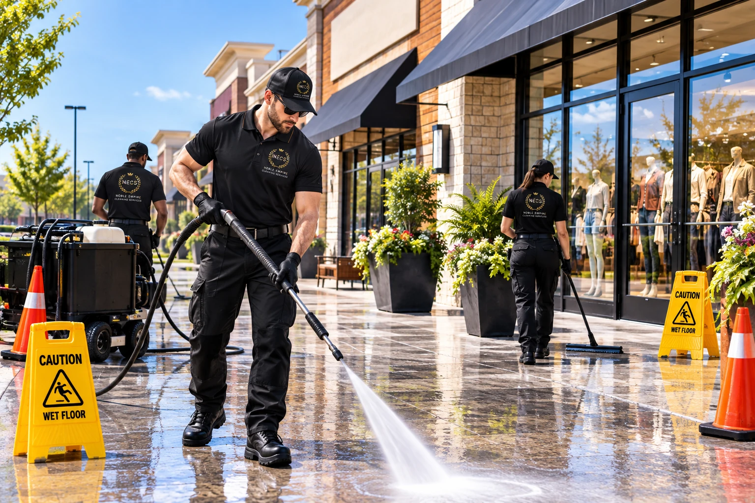 NECS crew pressure washing a retail storefront walkway