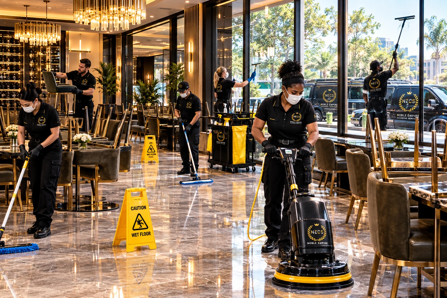 NECS crew cleaning restaurant floors, dining furniture and windows