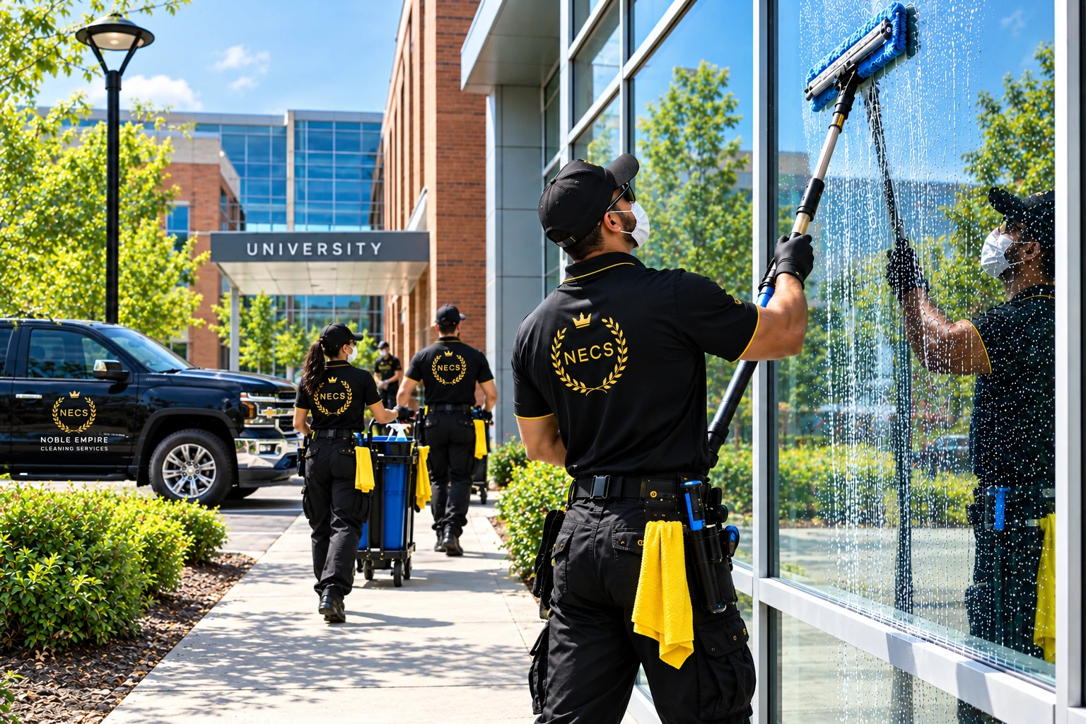 NECS crew washing exterior windows at a university